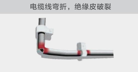 在安裝過程中，由于電線的彎曲半徑過小，或是線夾過緊，導(dǎo)致線纜絕緣皮破裂，產(chǎn)生電弧隱患